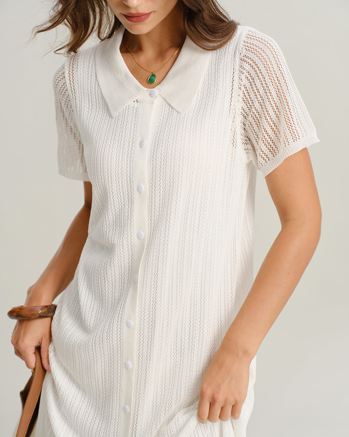 White See Through Button Midi Dress - Threadford