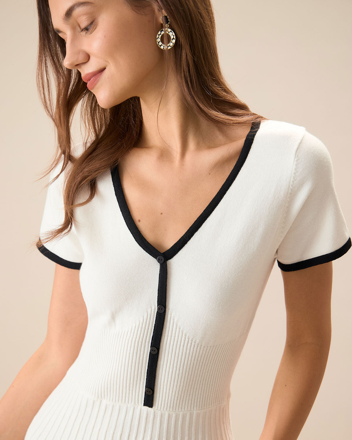 Women's White Contrasting Sweater Midi Dress - Threadford