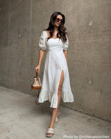 Puff Sleeve Split Hem Midi Dress - Threadford