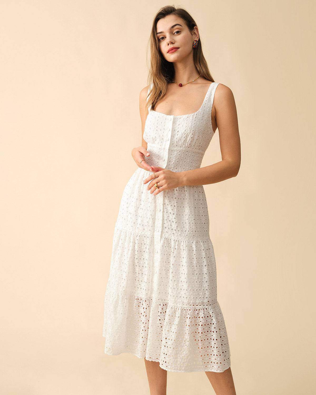 The Square Neck Tiered Hem Midi Dress - Threadford
