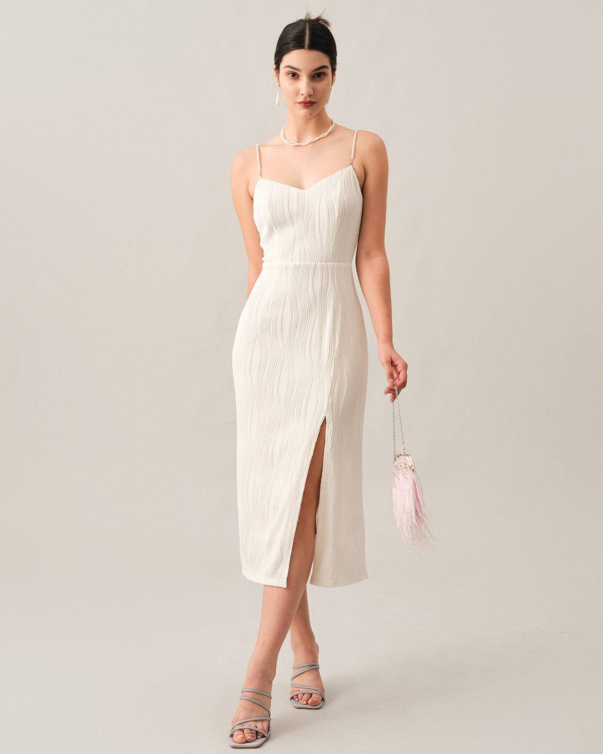 The Wave Textured Pearl Strap Midi Dress - Threadford