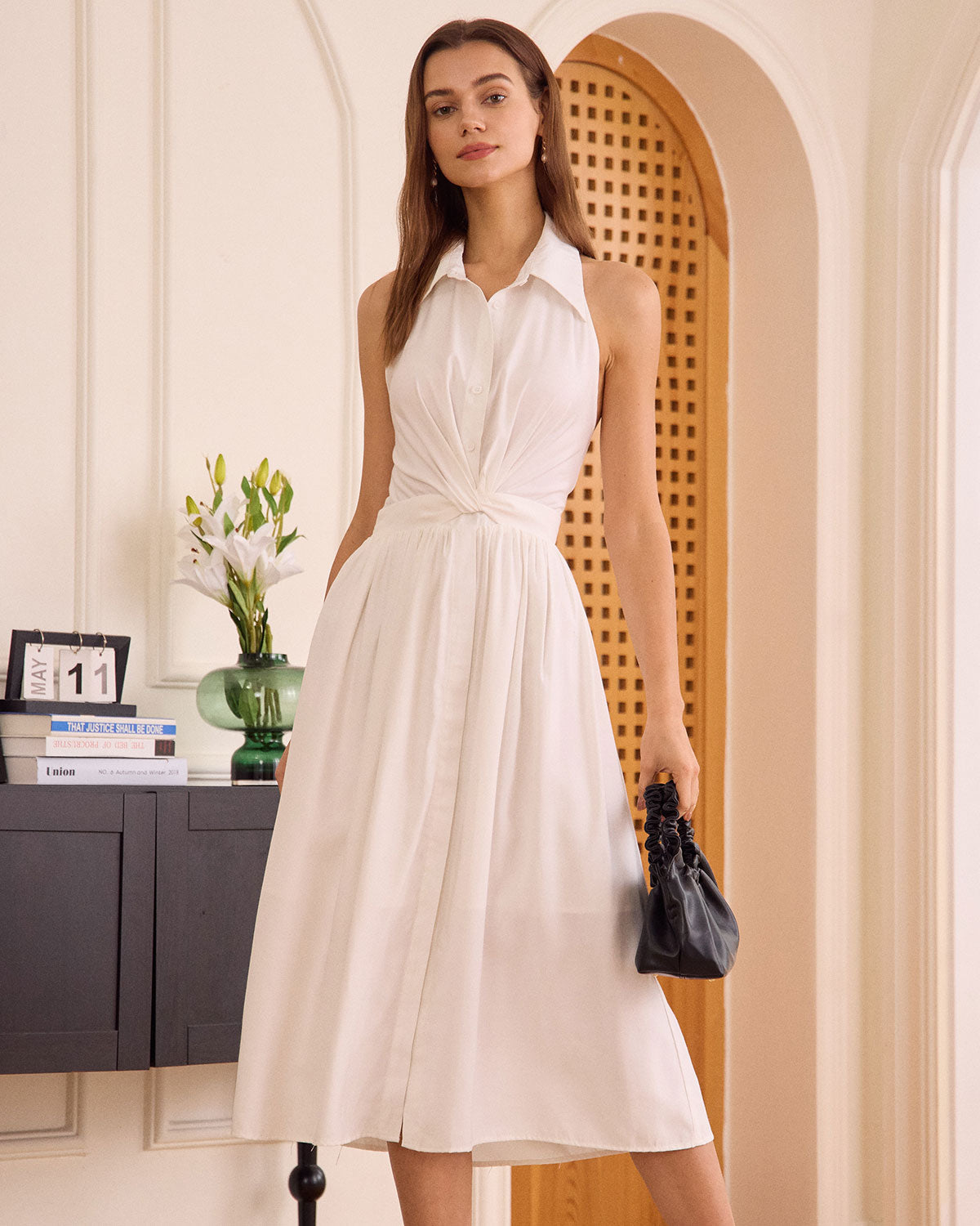 The White Collared Twist Backless Midi Dress - Threadford