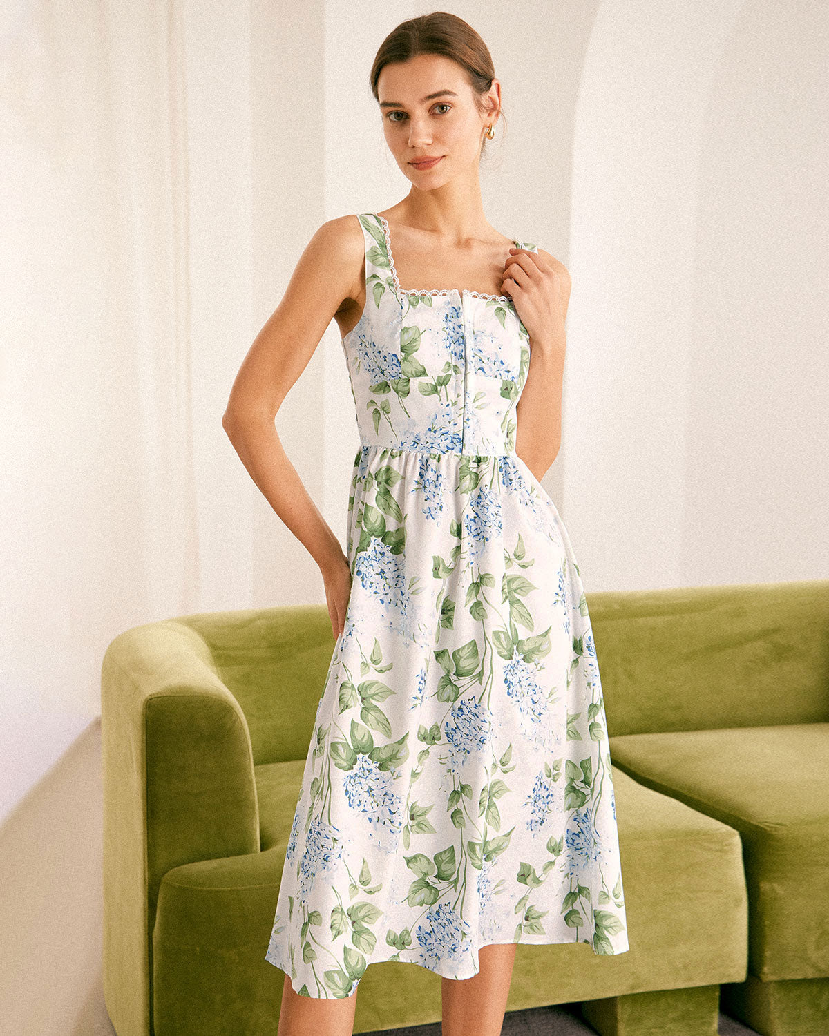 The White Square Neck Floral A-Line Midi Dress - Threadford