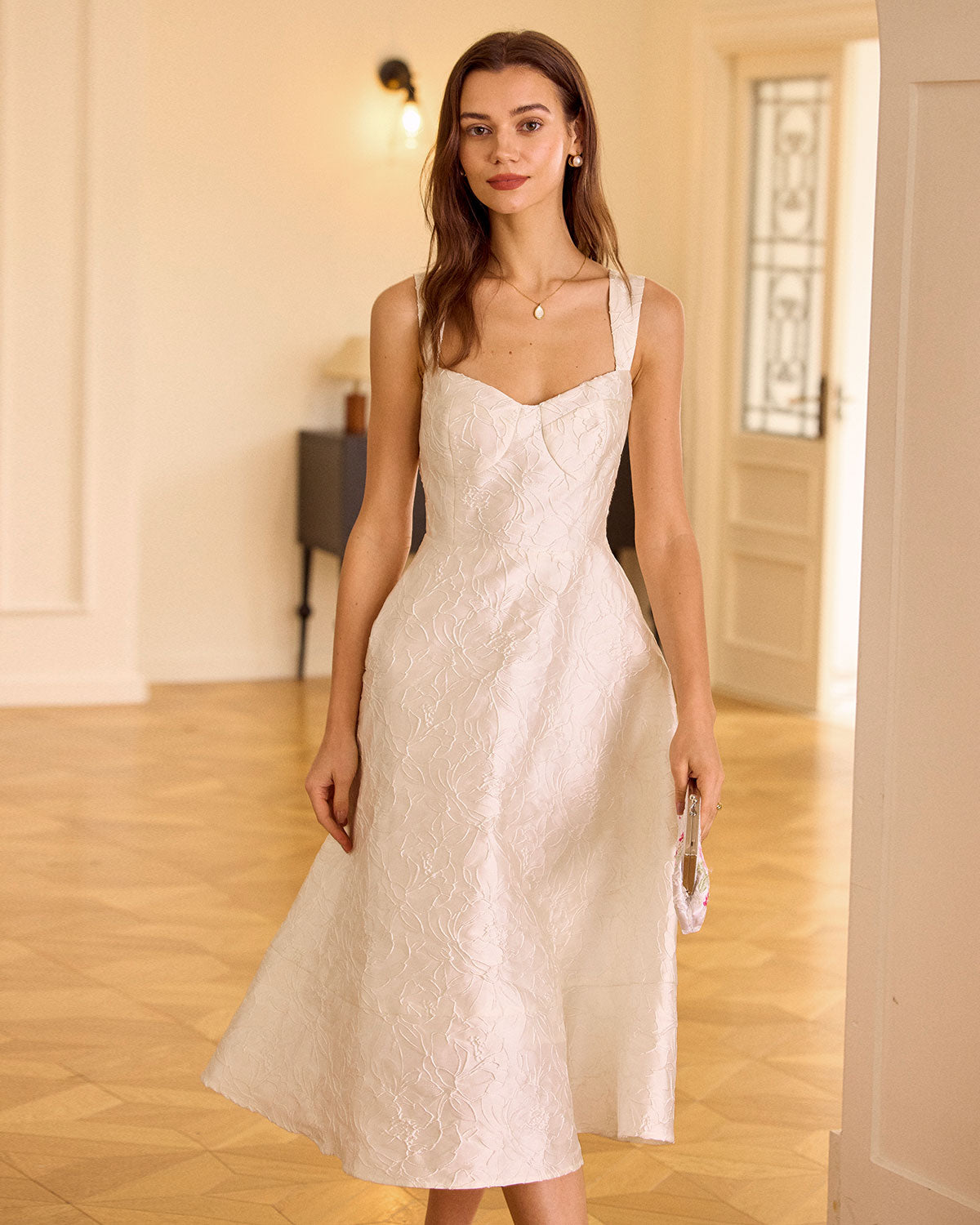 The White Sweetheart Neck Jacquard Midi Dress - Threadford
