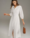 White A-Line Button Midi Dress - Threadford