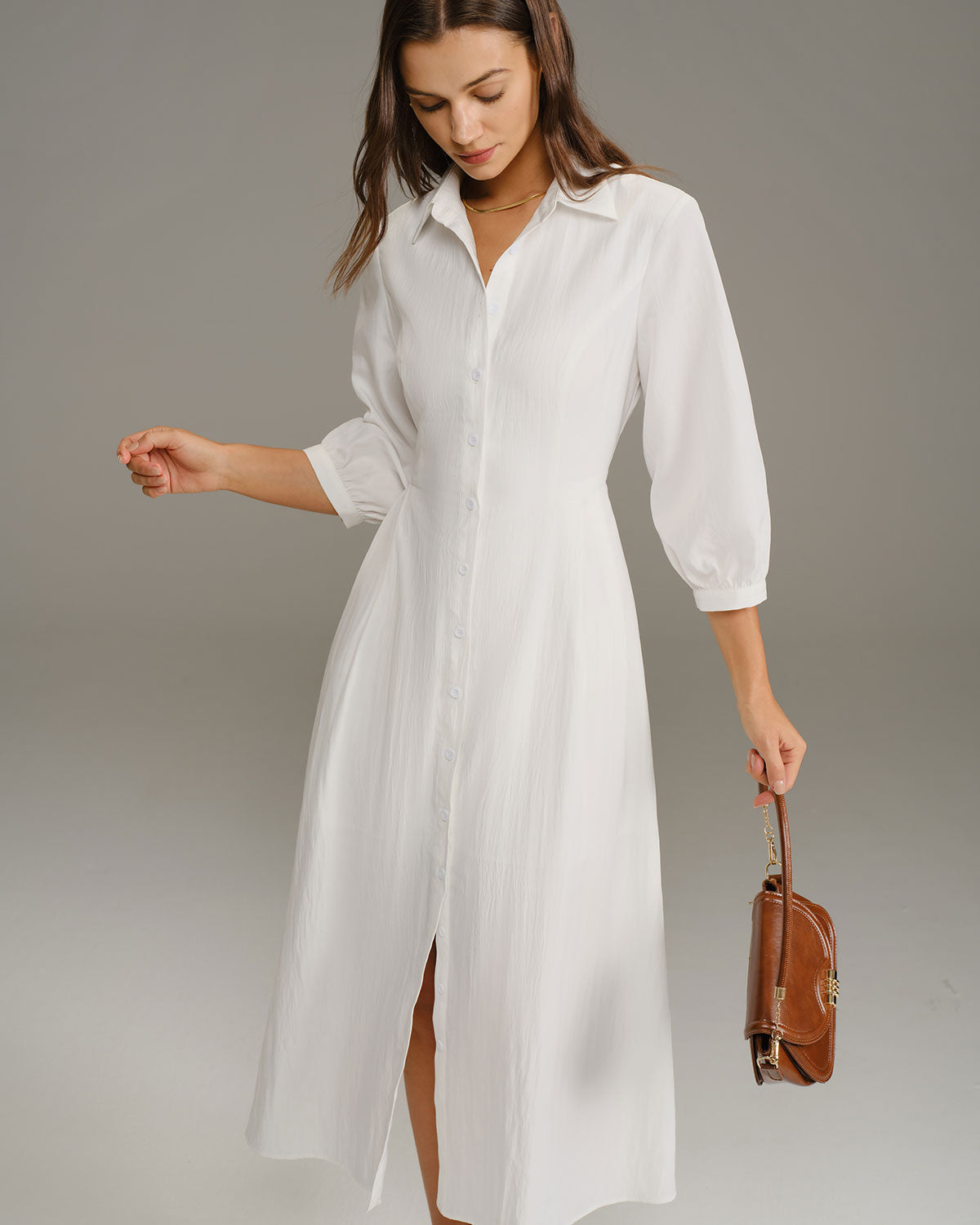White A-Line Button Midi Dress - Threadford