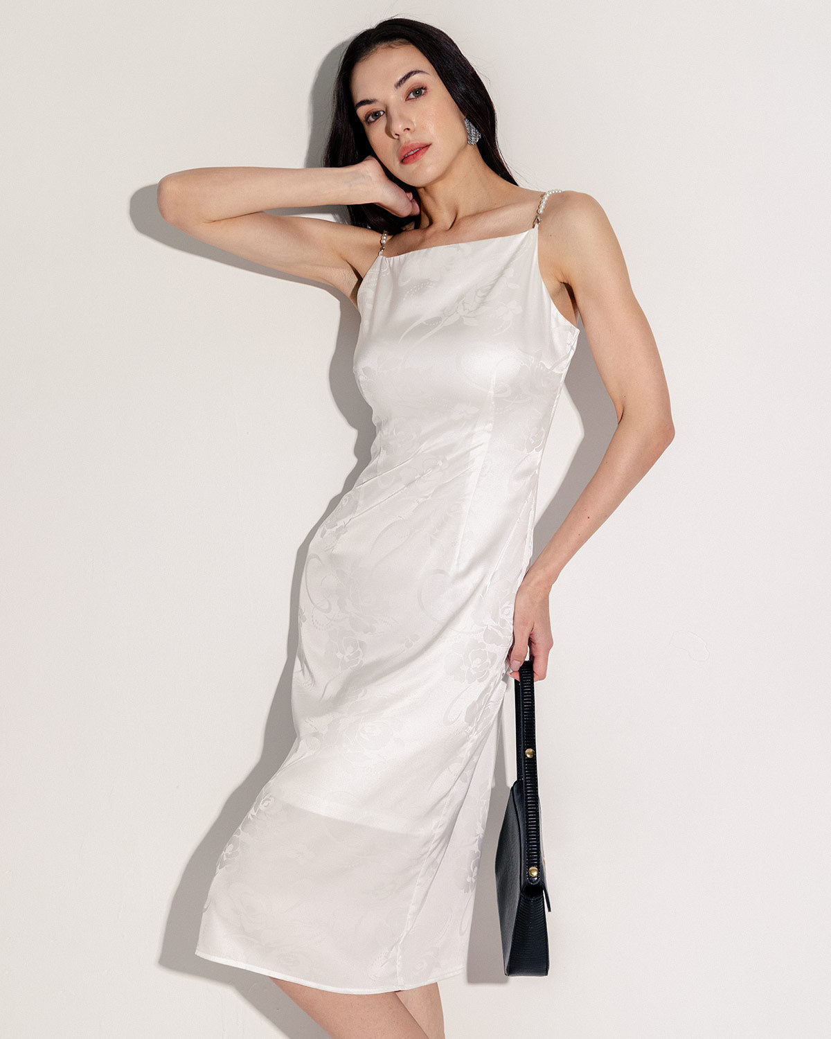 White Beaded Strap Slip Midi Dress - Threadford