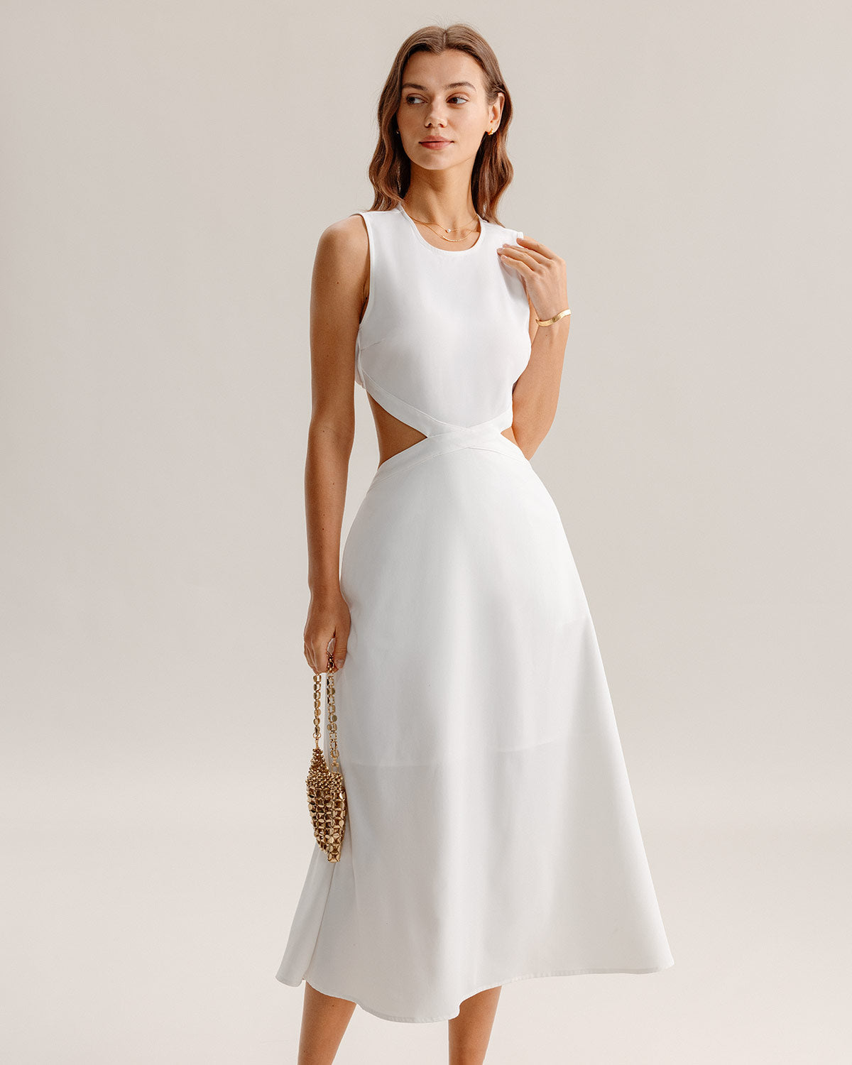 White Cutout Sleeveless Midi Dress - Threadford