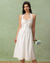White Embroidery A-Line Halter Midi Dress - Threadford