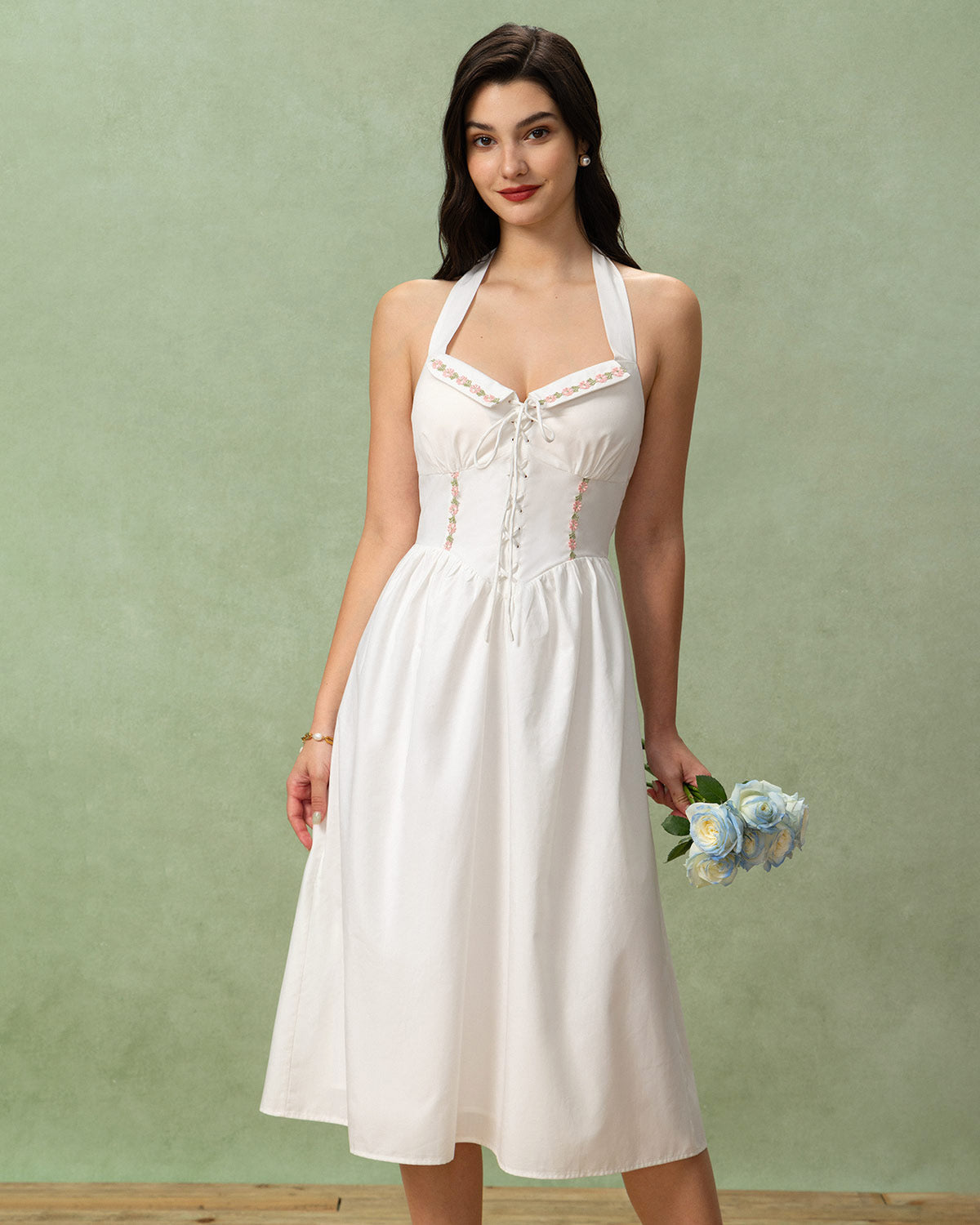 White Embroidery A-Line Halter Midi Dress - Threadford
