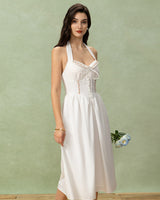 White Embroidery A-Line Halter Midi Dress - Threadford
