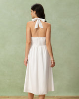 White Embroidery A-Line Halter Midi Dress - Threadford