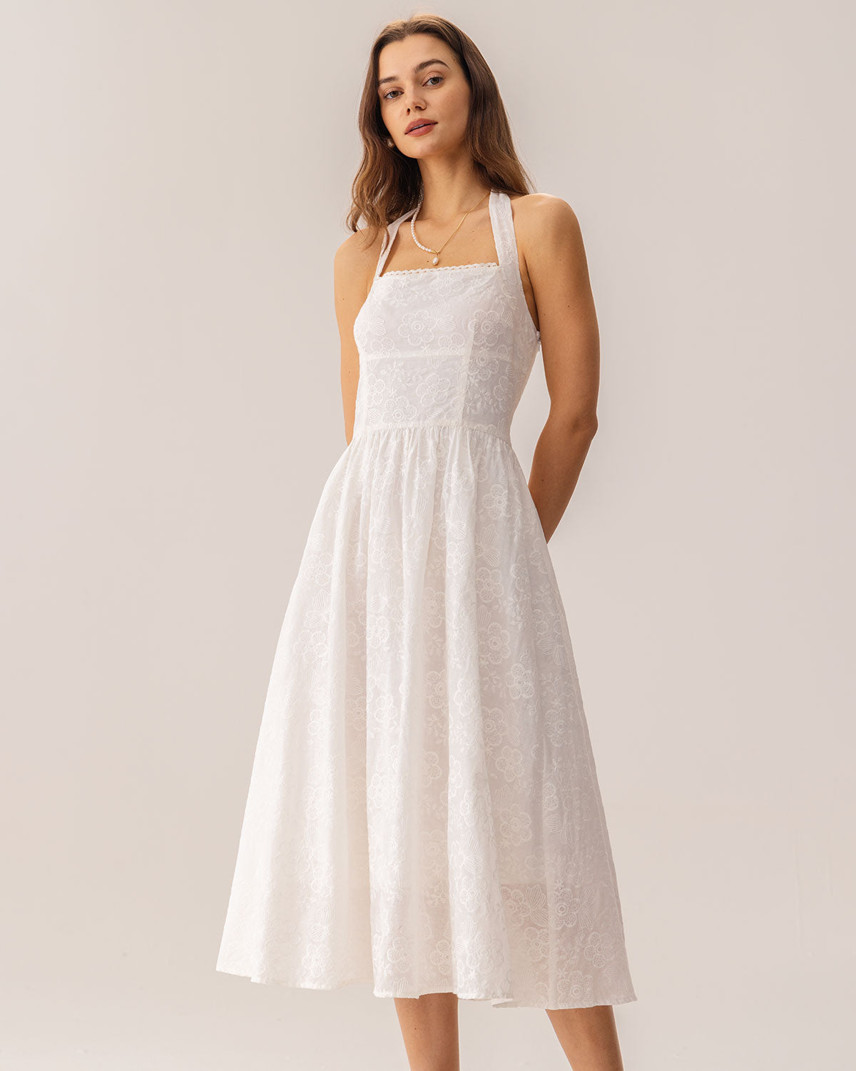 White Embroidery Halter Midi Dress - Threadford