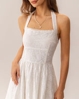White Embroidery Halter Midi Dress - Threadford