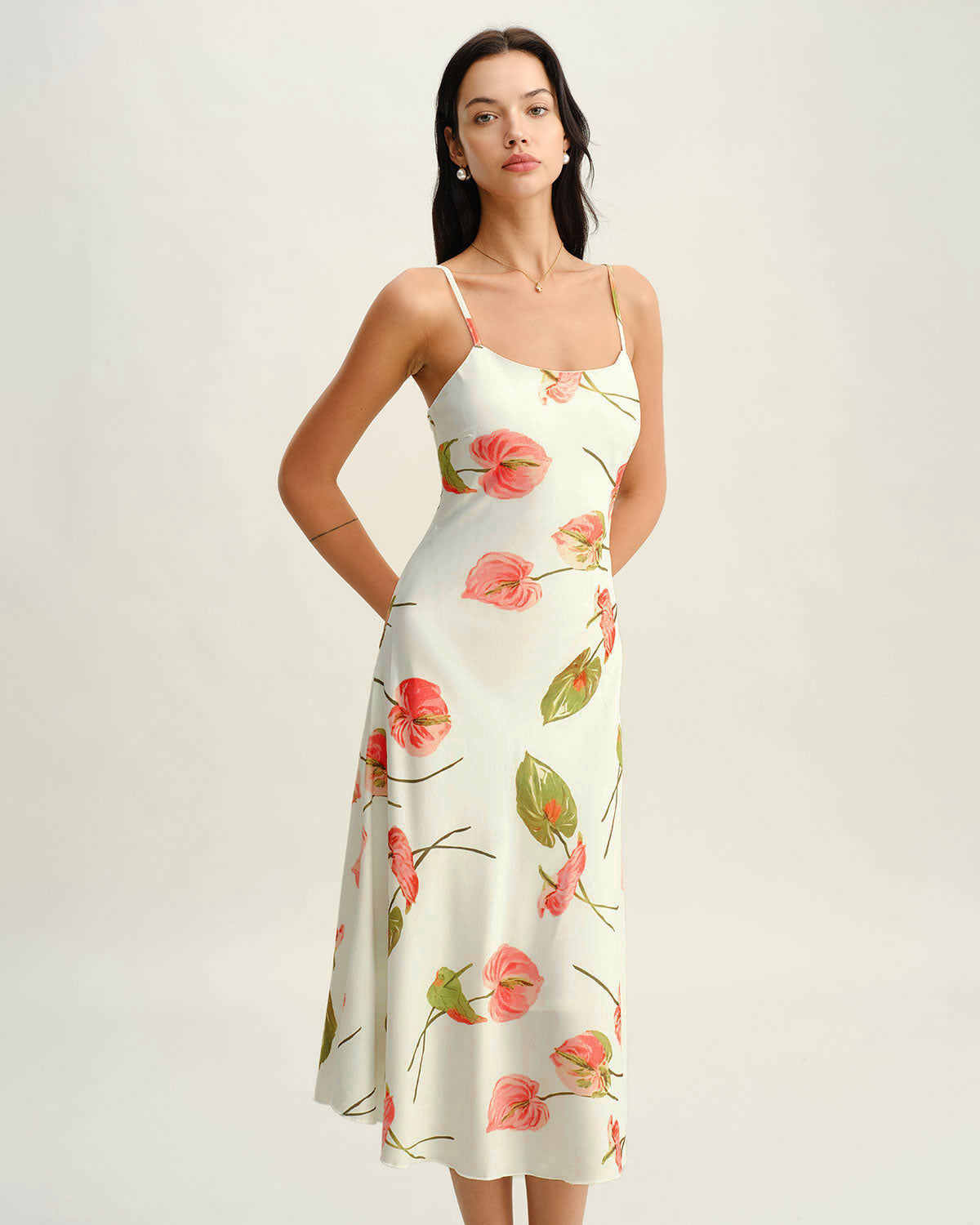 White Floral Slip Midi Dress - Threadford
