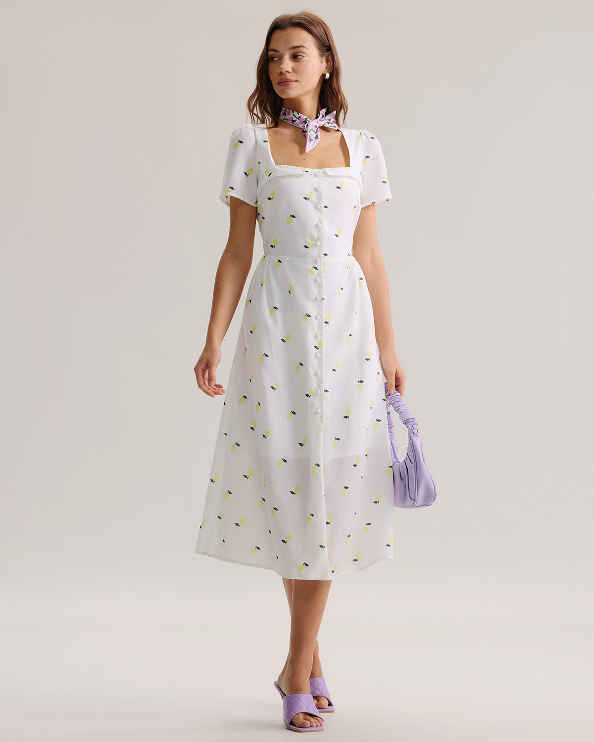 White Fruit Square Neck Midi Dress - Threadford
