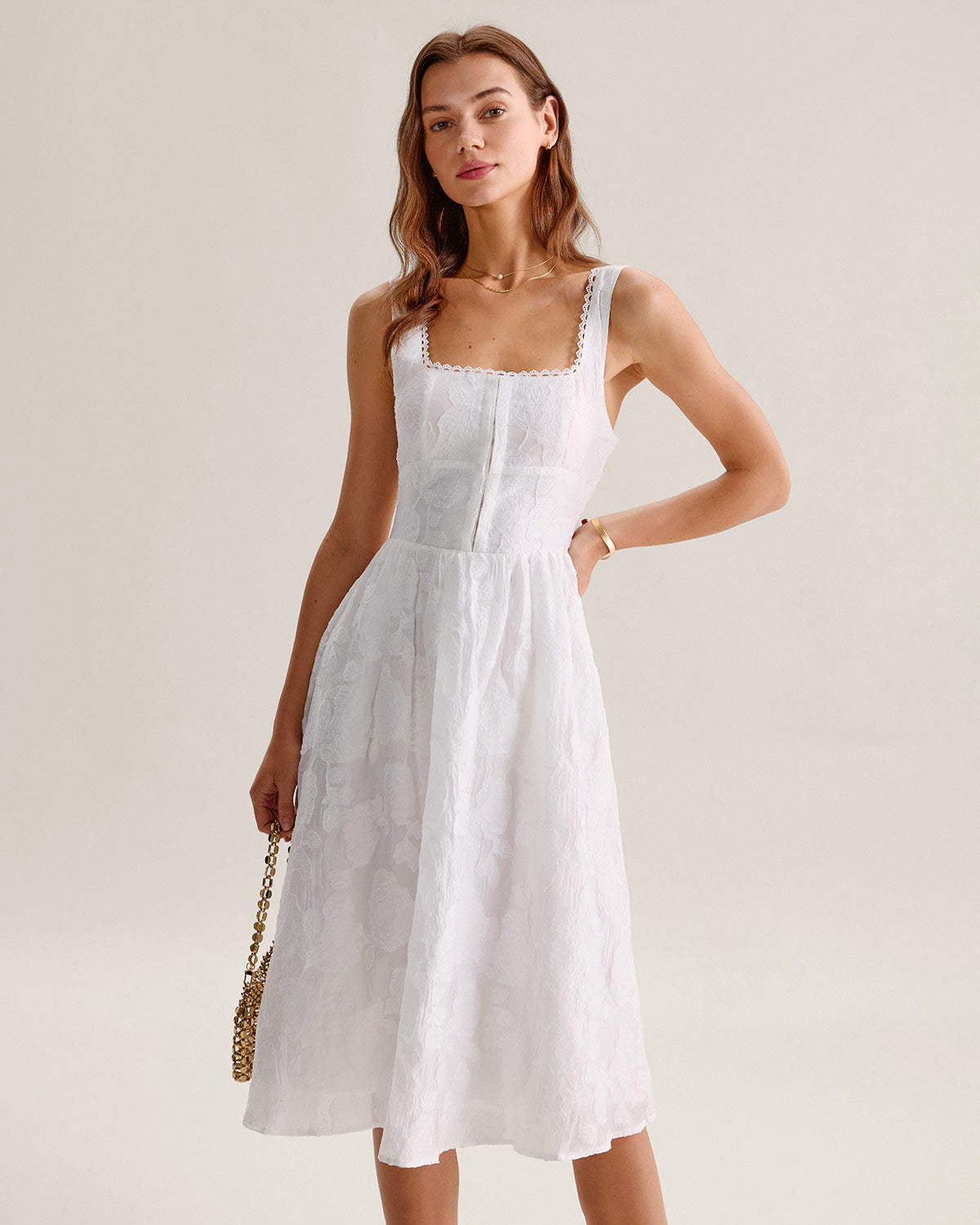 White Jacquard Shirred Slip Midi Dress - Threadford