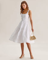 White Jacquard Shirred Slip Midi Dress - Threadford