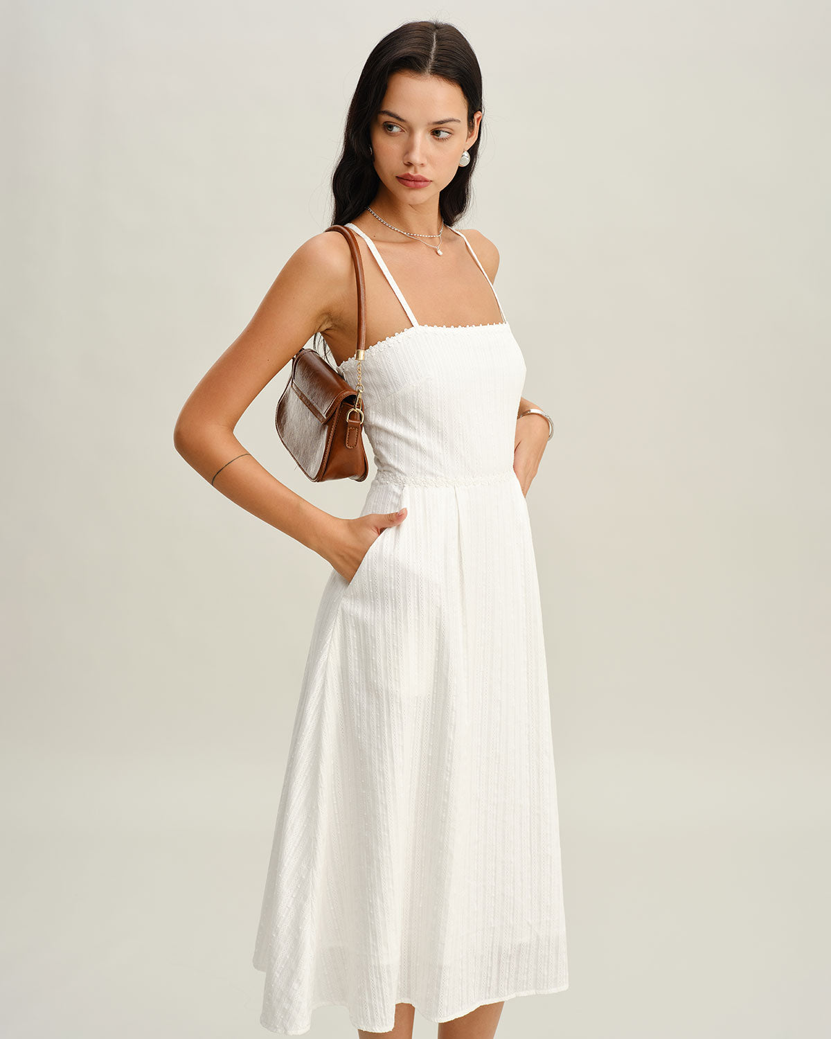White Pocket A-Line Slip Midi Dress - Threadford