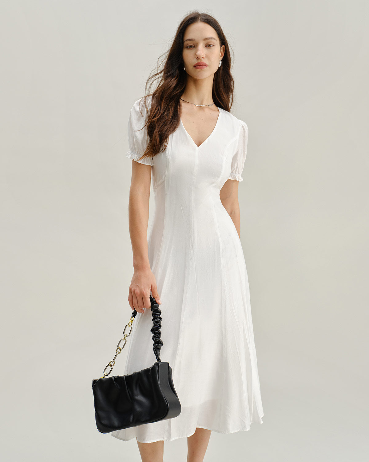 White Puffed Sleeve V Neck Midi Dress - Threadford