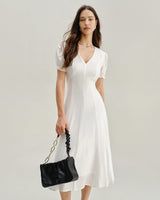 White Puffed Sleeve V Neck Midi Dress - Threadford
