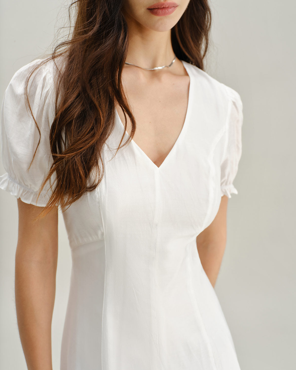 White Puffed Sleeve V Neck Midi Dress - Threadford