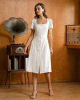 White Square Neck Button Midi Dress - Threadford