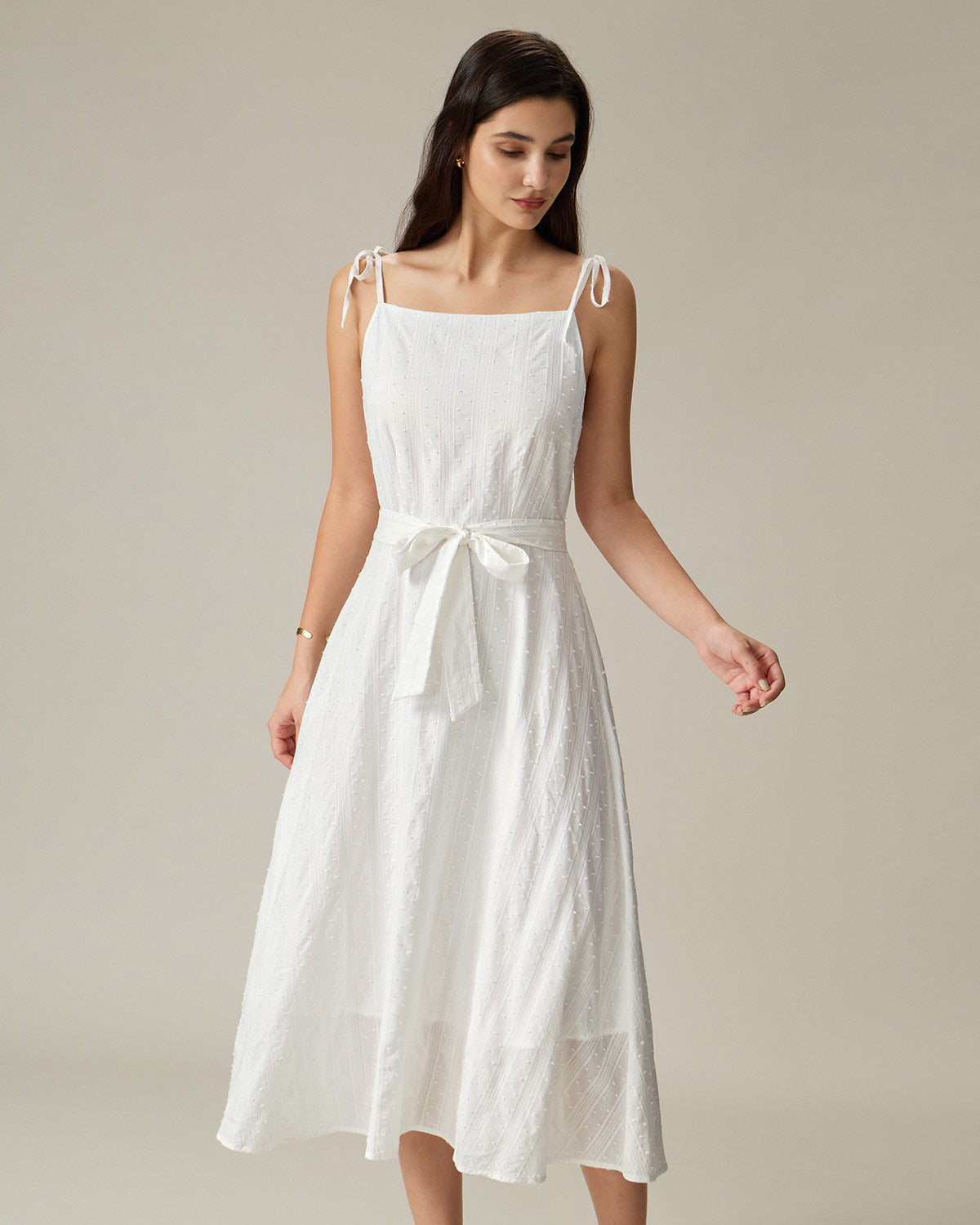 White Textured Square Neck Slip Midi Dress - Threadford