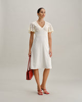 White Textured V-Neck Midi Dress - Threadford