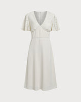 White Textured V-Neck Midi Dress - Threadford