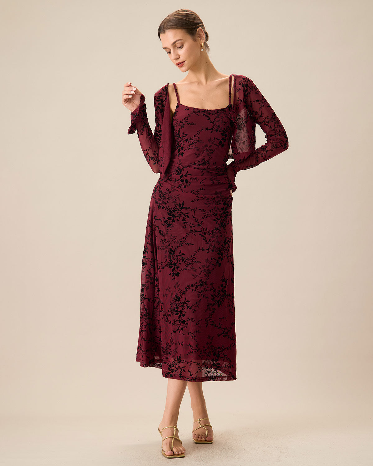 Red Floral Bodycon Slip Midi Dress - Threadford