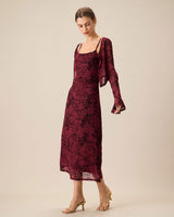 Red Floral Bodycon Slip Midi Dress - Threadford