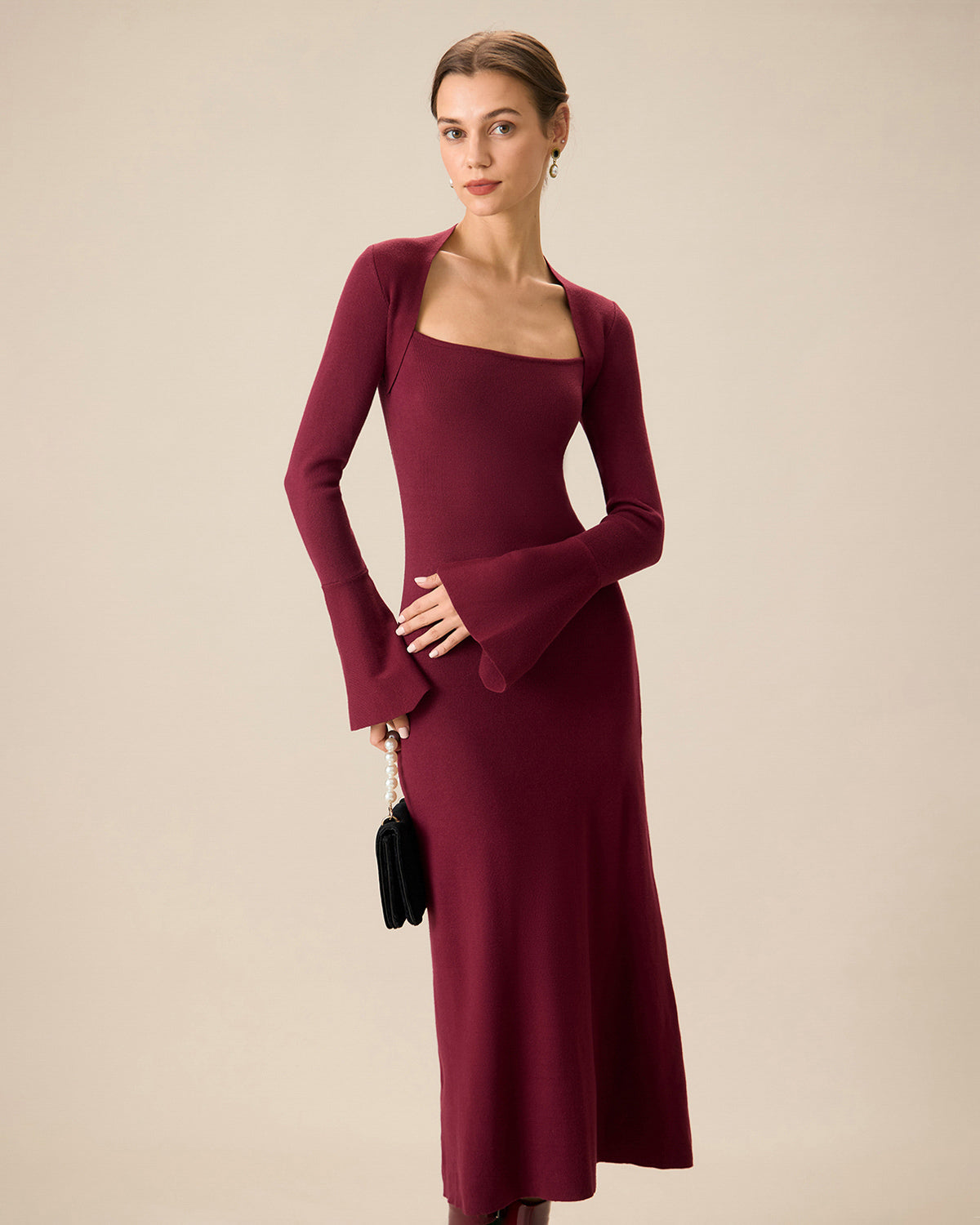 The Red Square Neck Flare Sleeve Midi Dress - Threadford