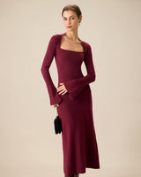 The Red Square Neck Flare Sleeve Midi Dress - Threadford