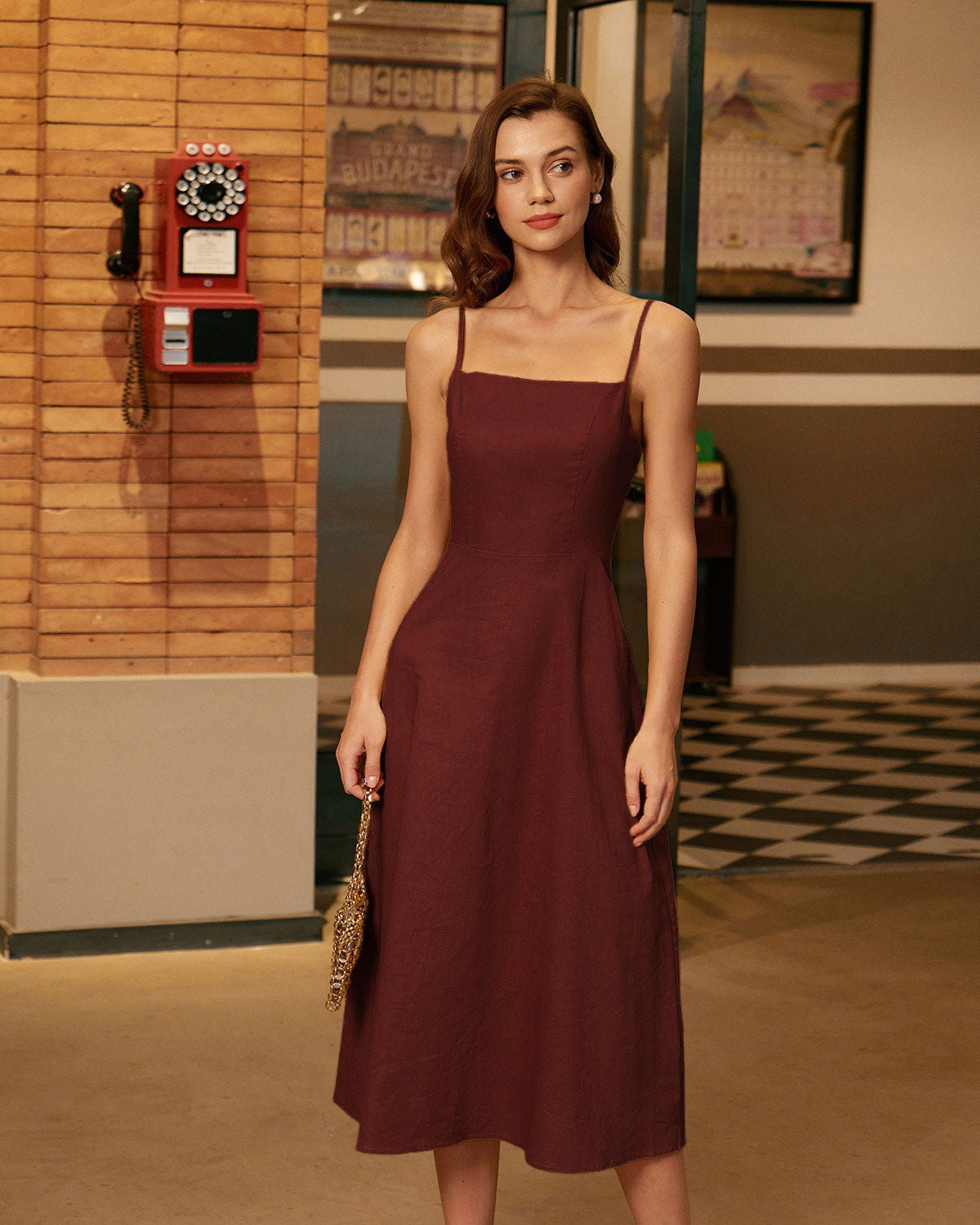 Wine Red Square Neck Shirred Slip Midi Dress - Threadford