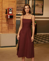 Wine Red Square Neck Shirred Slip Midi Dress - Threadford