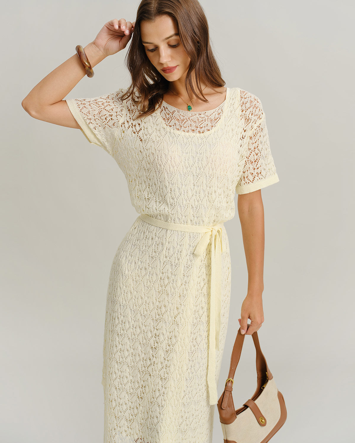 Yellow See Through Round Neck Midi Dress - Threadford