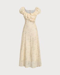Yellow Floral Cap Sleeve Ruffle Midi Dress