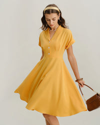 Yellow Cowl Sleeve Pleated Midi Dress