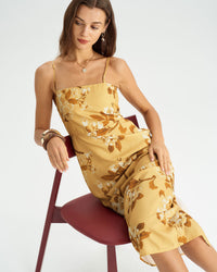 Yellow Floral Shirred Slip Midi Dress