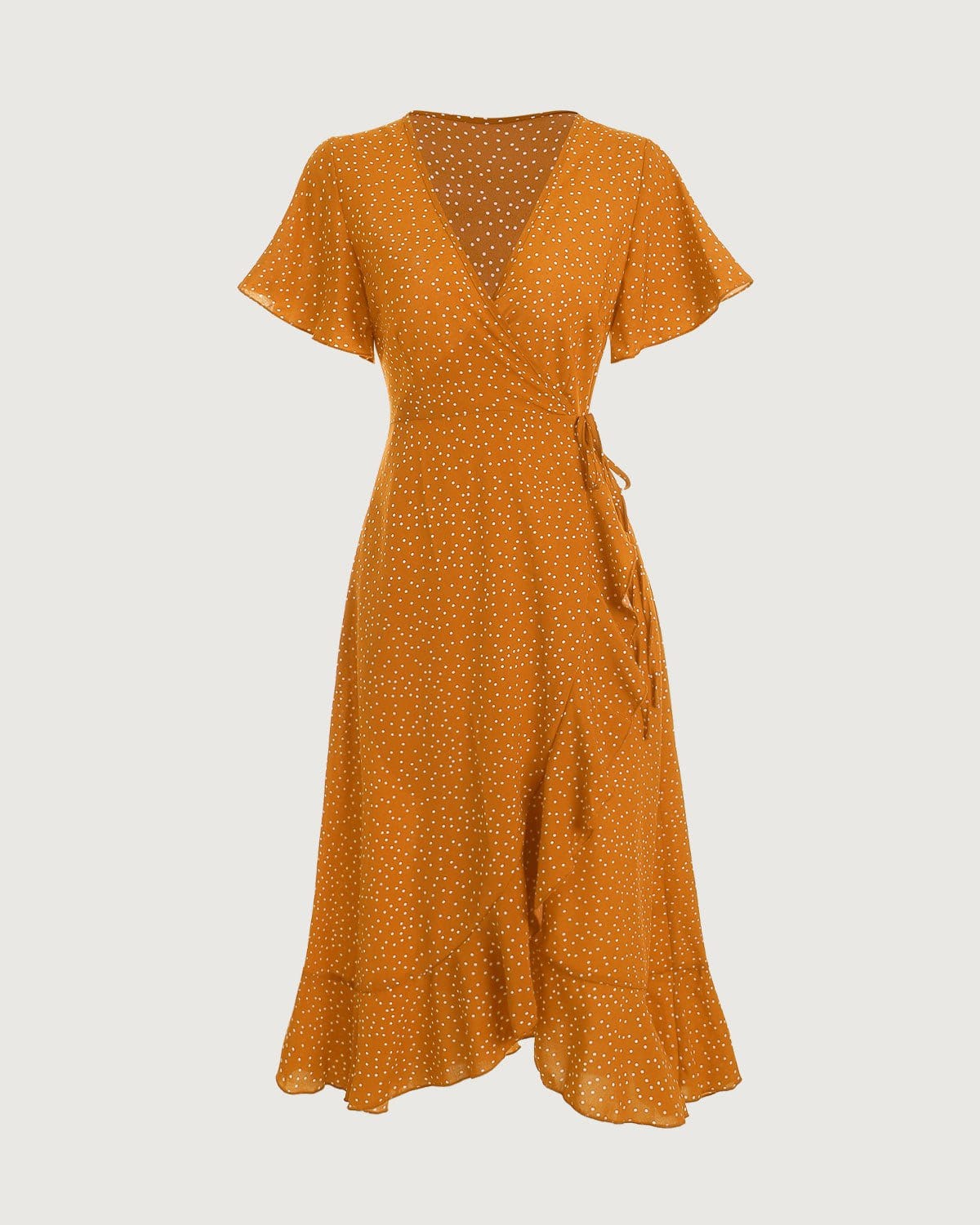 The Yellow Polka Dot Ruffle Wrap Dress - Threadford