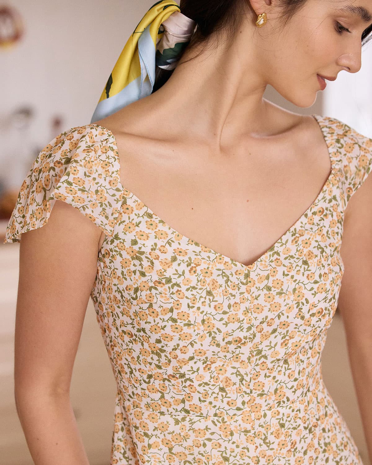 The Yellow V Neck Floral Slit Midi Dress - Threadford