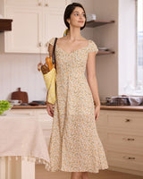 The Yellow V Neck Floral Slit Midi Dress - Threadford