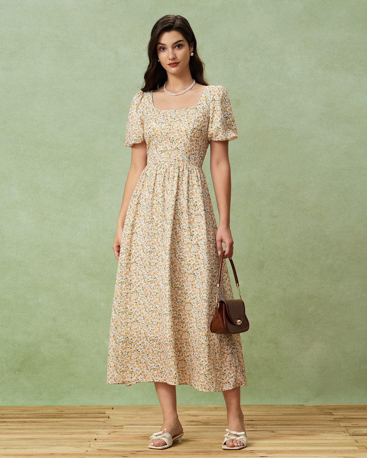 Yellow Floral Puffed Sleeve Midi Dress - Threadford