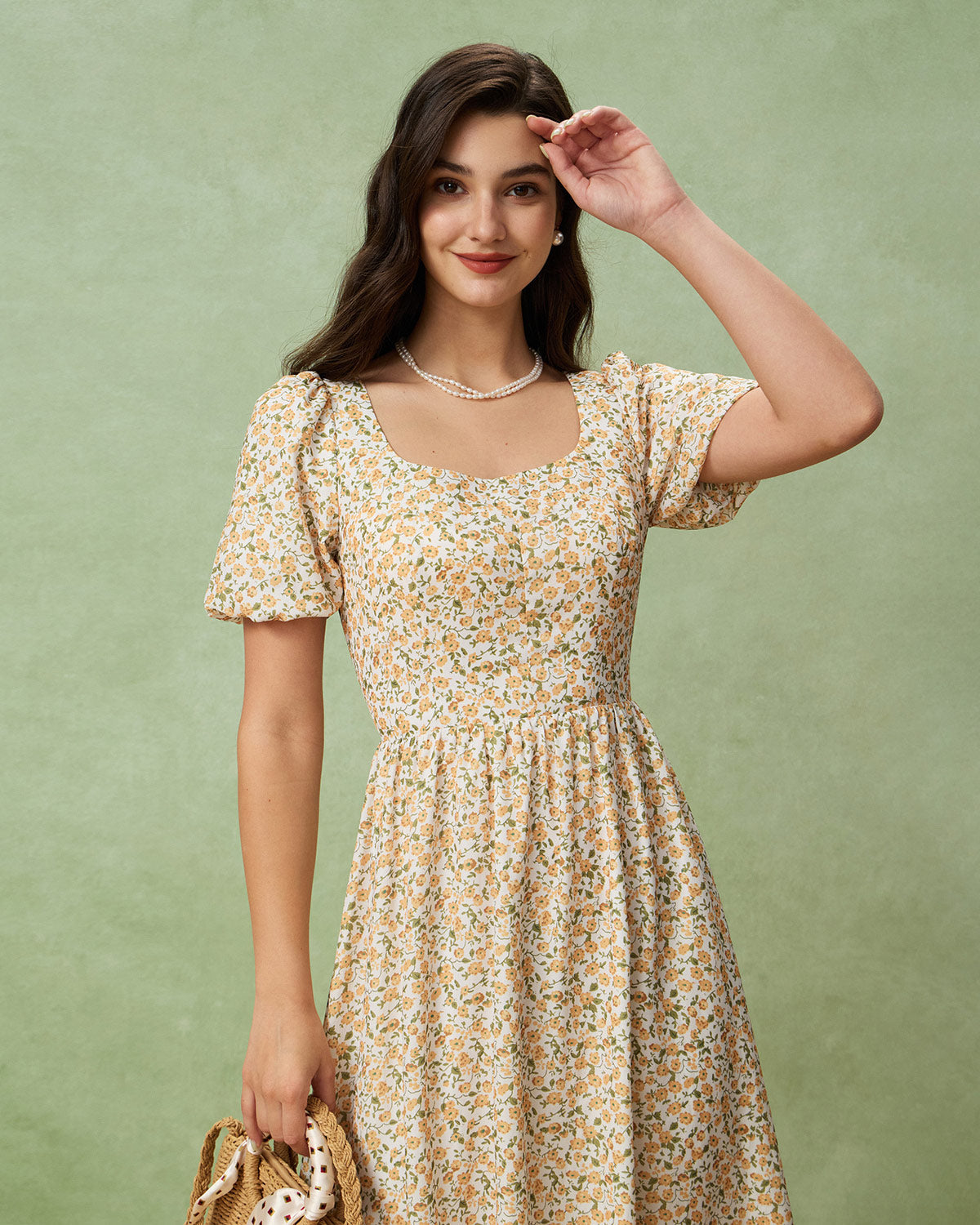 Yellow Floral Puffed Sleeve Midi Dress - Threadford