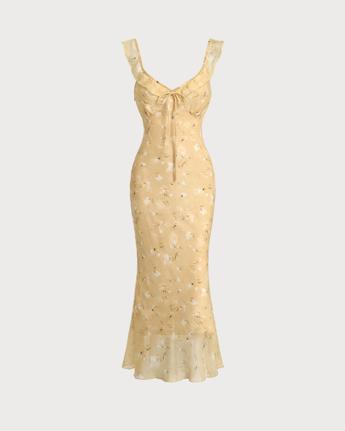 Yellow Floral Ruched Ruffle Midi Dress - Threadford