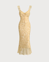 Yellow Floral Ruched Ruffle Midi Dress - Threadford