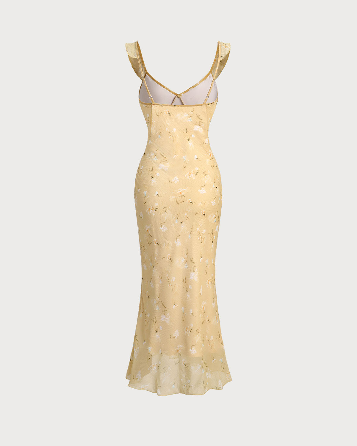 Yellow Floral Ruched Ruffle Midi Dress - Threadford