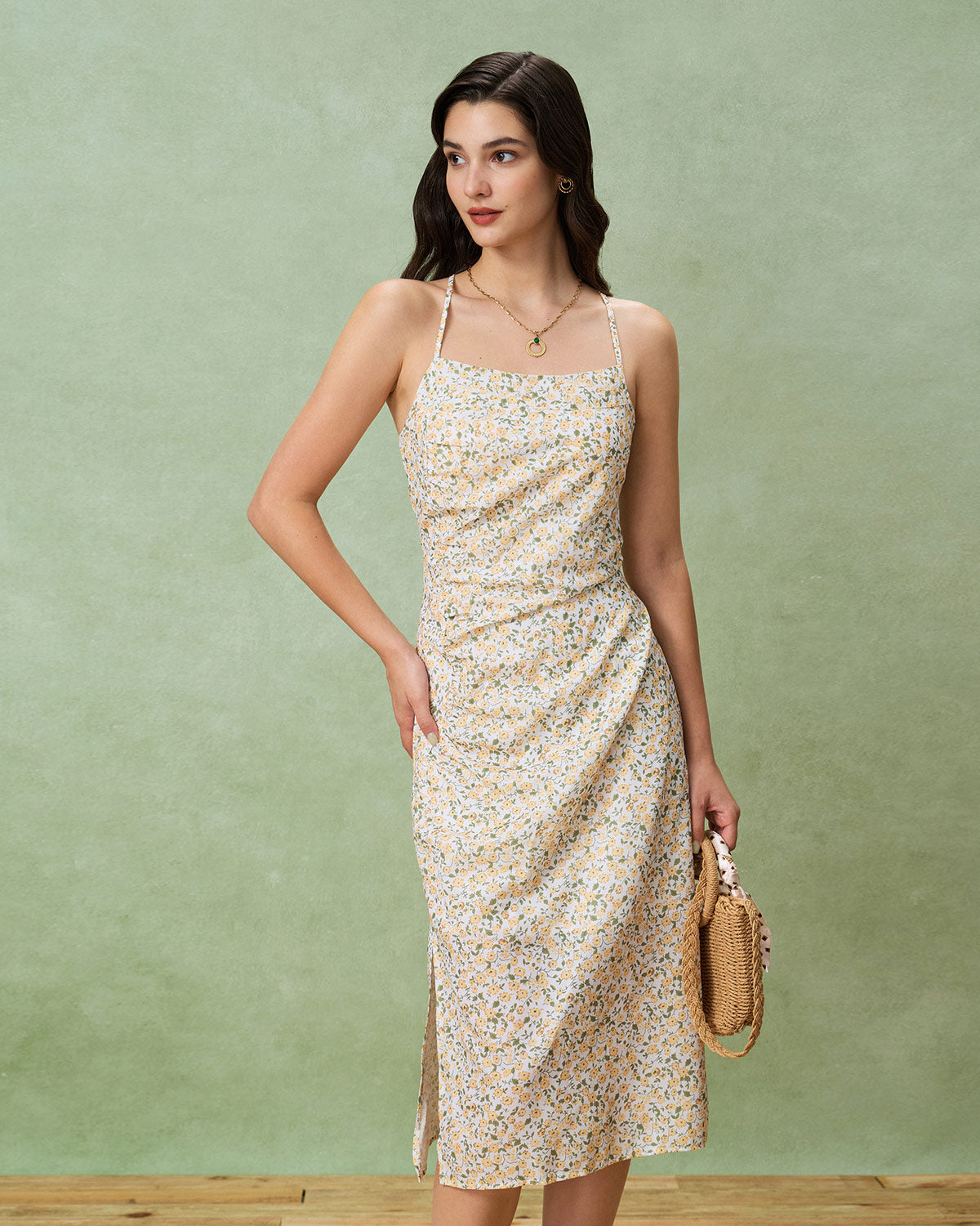 Yellow Floral Ruched Slip Midi Dress - Threadford