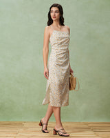 Yellow Floral Ruched Slip Midi Dress - Threadford